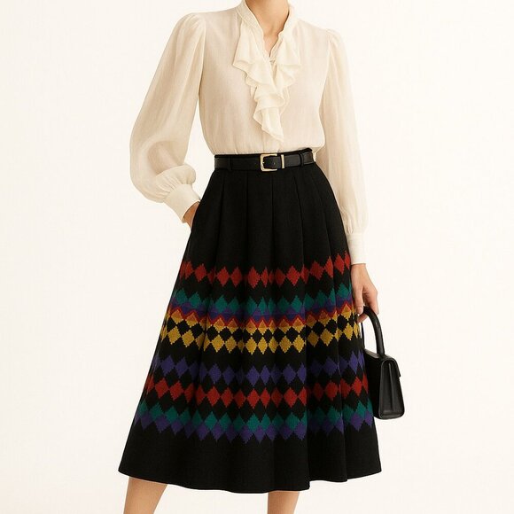 NINA RICCI Boutiqueโ Paris VTG Wool Academia Office Pleated Boho Print EU 38 / M - Picture 6 of 12